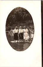 Antique RPPC Women Wading Creek River AZO Real Photo Postcard Snapshot picture