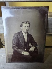 ntique 1880s Tintype Young Victorian Man Seated Portrait Watch Chain  picture