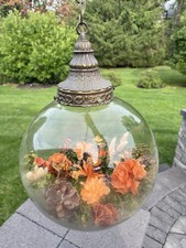 VTG 1974 Hanging Glass Globe Terrarium Swag Lamp Butterfly Floral Diorama 11” picture