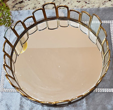 Round Gold Tone Mirrored Metal & Glass Vanity Tray Decor 11