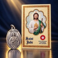 ST JUDE LARGE MEDAL + RELIC HOLY CARD PRAYER CATHOLIC ITALY 1-3/4” picture