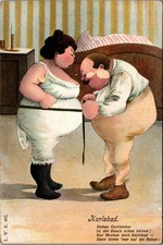 Antique Humorous Karlsbad Spa Couple Measuring Waistline Postcard L.W.K. picture