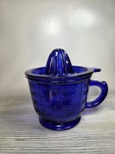 Hazel Atlas Vintage Cobalt Glass 2-Cup Measuring Mixing Cup And Juicer Reamer picture