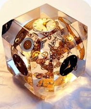 Vintage Faceted CYMA Swiss Watch Parts Lucite 3 in Cube Paperweight Art MCM 60s picture