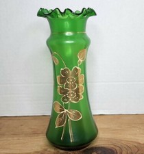 vintage emerald green satin glass vase ruffel rim handpainted raised gold picture