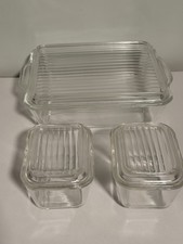 Vintage Set Of (3) Ribbed Glass Pyrex Refrigerator Containers With Tops 501C picture