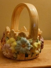 Ceramic Basket Planter Easter Spring Picket Fence Multicolor Spring Flowers  picture