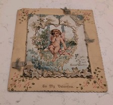 ANTIQUE VALENTINE's DAY GREETING CARD CUPID CHERUB DIE CUT LARGE 10.5