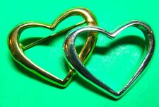 VINTAGE DOUBLE HEART SILVER GOLD METAL VALENTINES DAY BROOCH PIN (P62)    picture
