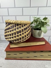 Hand Woven Basket Wood Base Signed CR 2010 Purple Natural Reed Small Artisan 5