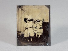 2 Young Cute Doll Face Girls Victorian Fashion Fancy Hats Antique Tintype Photo picture