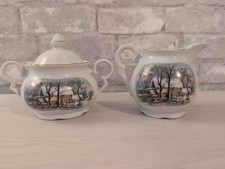 Vintage Currier and Ives Winter Scene Sugar Bowl / Creamer Avon Exclusive Mill picture