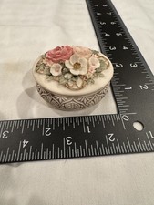 Vintage Handcast Designs Floral Trinket Box UK Pink Rose Vanity Jar Cottagecore picture