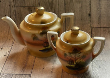 VINTAGE Japan Lusterware Hand Painted Teapot & Sugar Bowl Midcentury Porcelain picture