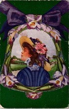 VINTAGE POSTCARD ELEGANT WOMAN HEAD DRESS INSIDE RIBBONED BELL IMAGE c. 1912 picture