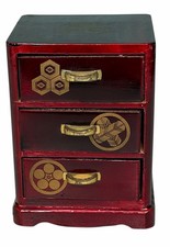 Vintage Japanese Miniature Tansu 3 Drawer Red Lacquer Kamon Chest KT Japan picture