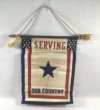 WWII Serving Our Country Flag Banner Worn Frayed Stained Approx 8”x6” picture