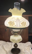 Fenton Art Glass Floral Pattern Hurricane Lamp Custard Uranium sign G.Schlicher picture