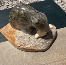 Vintage Inuit Eskimo Art Soapstone Hand Carved Bear w Seal Figurine from Nome AK picture