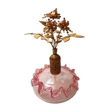 Vintage Irice Pink Latticino Glass Perfume Atomizer with Ruffle & Pearl Top picture