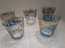 Vintage Set Of 5 Culver Low Glasses 22K Gold/Blue Azure Scroll Pattern RARE picture