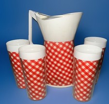 Vtg. Red White Gingham Therma Serv Carafe/Coffee Pot w/4 Matching Cups Retro VGC picture