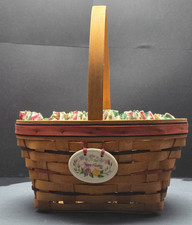 Longaberger Basket w/Happy Easter Tag Floral Liner Protector Tie-On Handwoven picture