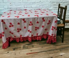 Vintage Strawberry Bandana Print Blue Striped Ruffle Trim Tablecloth 85