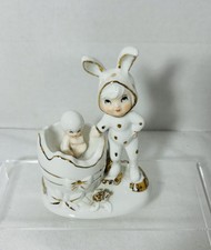 Vintage Kitschy Easter Bunny W/ Cracked Egg  with Baby Gold Trim figurine. picture