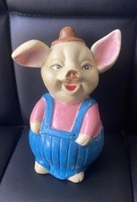 Vintage Piggy Bank Ceramic Pig In Overalls  6” Tall Made In China 1960’s  picture