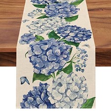 Spring Hydrangea Floral Flowers Runner - Blue Butterfly Kitchen - Table Runner picture