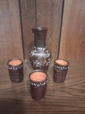 Vintage Mexican Folk Art Terracotta Clay Jarrito Jug & 3 Shot Cups Guanajuato picture
