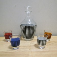 Glass Decanter Set Vintage Retro 4 Shot Glasses Houndstooth c1950s France picture