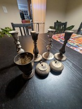 Vintage Judaica Jewish Shabbat Candlesticks Kiddush Cup Havdalah Ritual Set Lot picture