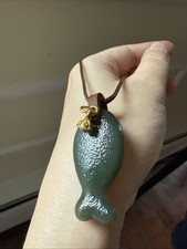 Nephrite Hetian Jade Fish Forest Green 纯天然和田玉古风墨绿鱼 皮扣头 picture