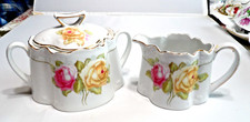 Antique Z.S. & Co. Bavaria Porcelain Sugar Bowl & Creamer Set Pink Yellow Roses picture