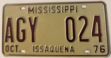 1976 Mississippi License Plate AGY 024 Issaquena County RARE LOW POPULATION picture