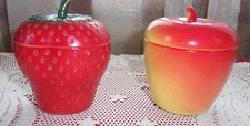 vntg Hazel Atlas painted milk glass apple & strawberry jam jelly jars w lids GUC picture