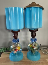 Vtg Pair MidCentury Turquoise Blue Glass Table Lamps Floral Figurine Globe 1950s picture