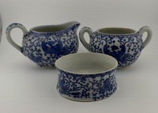 Vtg Japanese Blue White Phoenix Ho-o Bird Creamer Sugar Set + Dish Hand Painted picture