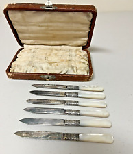 Antique Silver Plated Mother of Pearl Fruit Knives Set of 6 Original Box Towle? picture