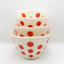 VTG Fire King Red Polka Dot Milk Glass Mixing Bowls Oven Ware Set of 4 Nesting picture