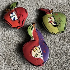 VTG Kathryn Youngs Ferocious Fruit Ceramic Wall Art Apple Pear Kitchen (THREE) picture