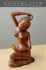 A BEAUTY MID CENTURY HANDCARVED WOOD BALINESE WOMAN SCULPTURE VTG STATUE 60'S picture