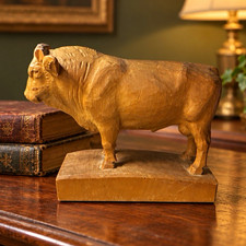 Hand Carved Wooden Bull Sculpture Folk Art Animal Figurine on Base 7” Long Base  picture