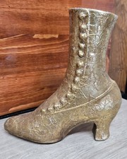 VTG Victorian Boot Button Shoe Vase Gold Metallic Foil Mache Coated Wood Figure picture