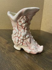 Vintage Ceramic Boot Shoe Planter Vase Pink With 3 Dimensional Roses Cute  picture