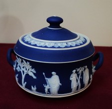 Antique Wedgwood England Dark Blue White Jasperware Sugar Bowl NeoClassical Exc picture