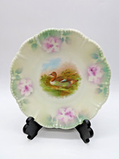 Vintage Silesien Game Bird Plate Mint Green Luster Pink Flowers picture