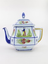 Henriot Quimper Mistral Blue Octagonal Teapot 5 Cup Featuring Lady  picture